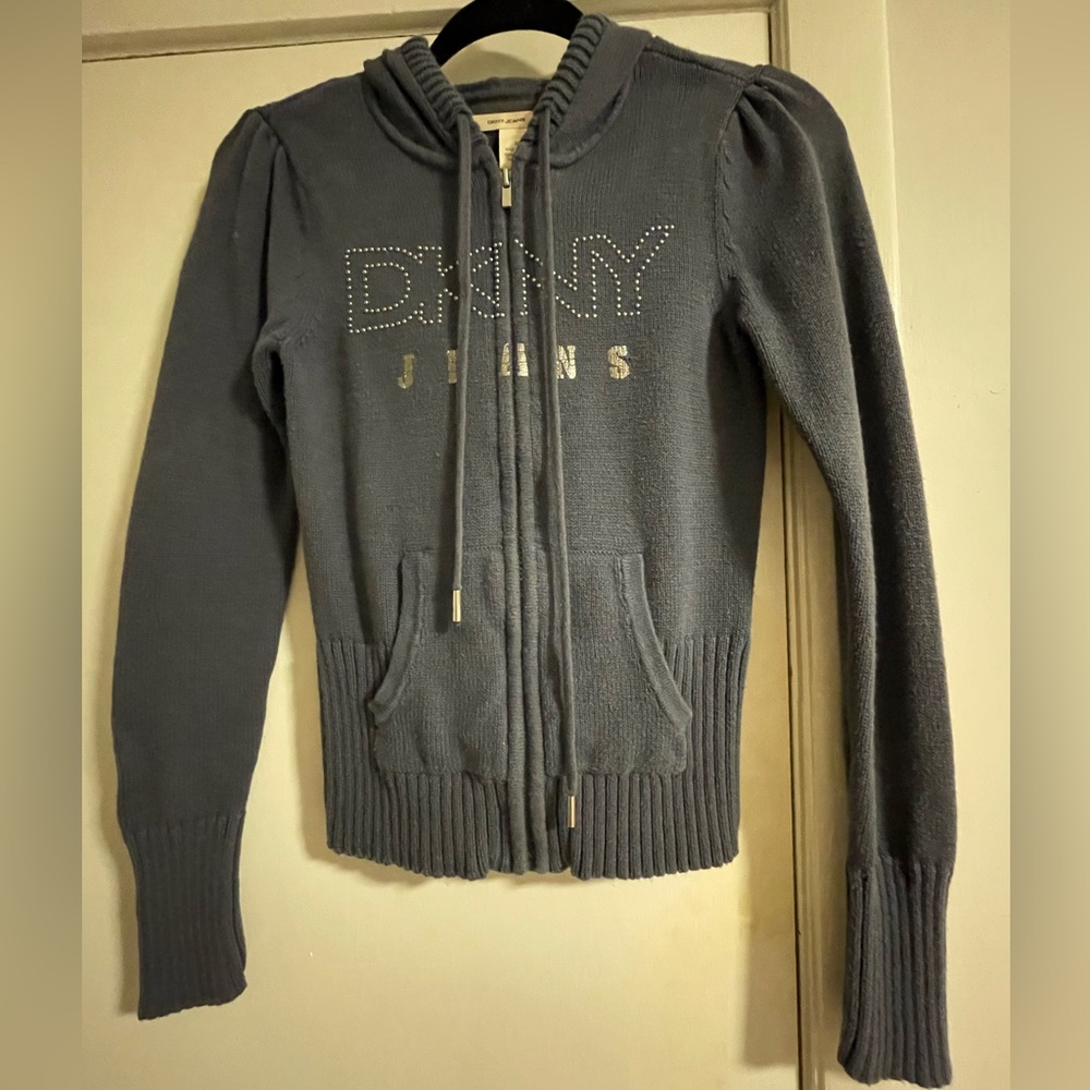 Dark gray DKNY sweater zip up with hood.